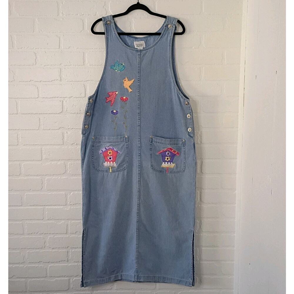 Denim Maxi Jumper Pinafore Overall Dress Women L Bird Birdhouse Teacher Garden